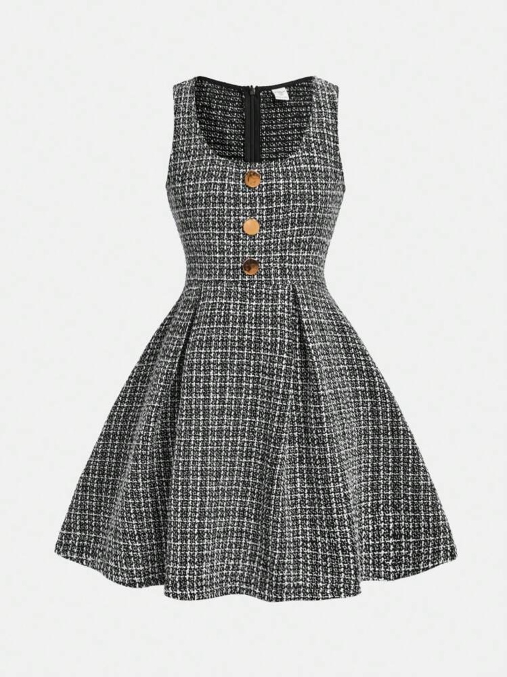 SHEIN Black & White Tweed Button-Front Fit-and-Flare Mini Dress